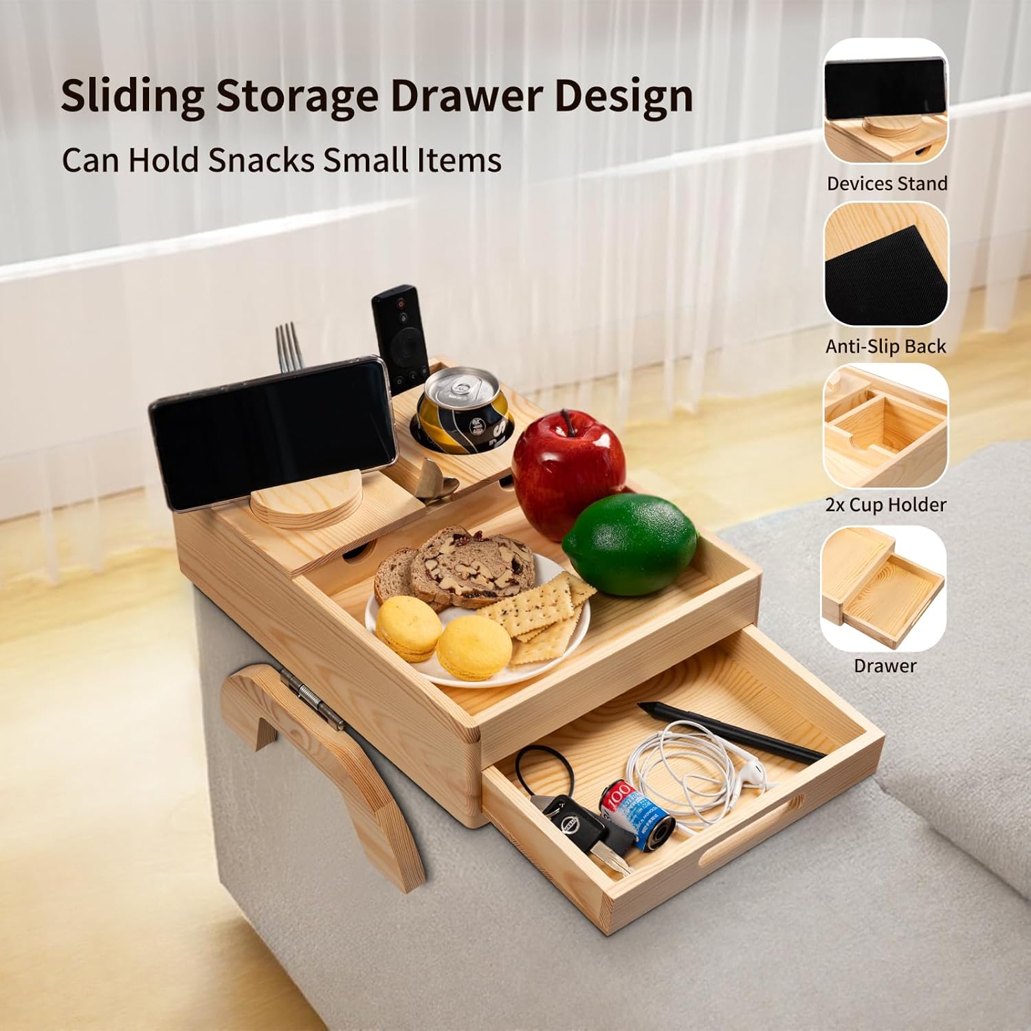 Couch armrest organizer with drawer, cup holders and device stand
