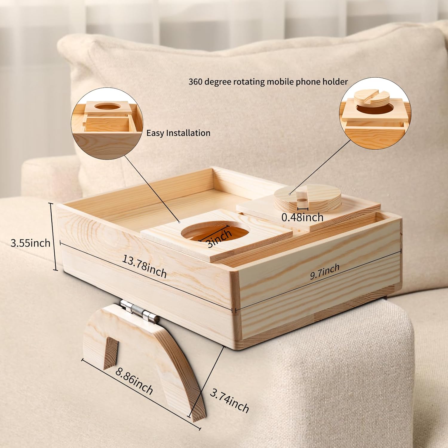 Couch armrest table dimensions with 360-degree phone holder