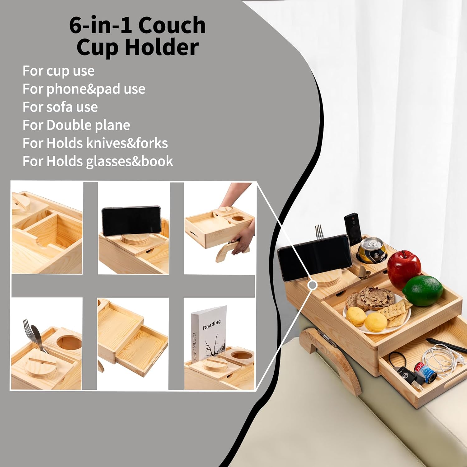 6-in-1 couch arm tray with cup holders and storage drawer