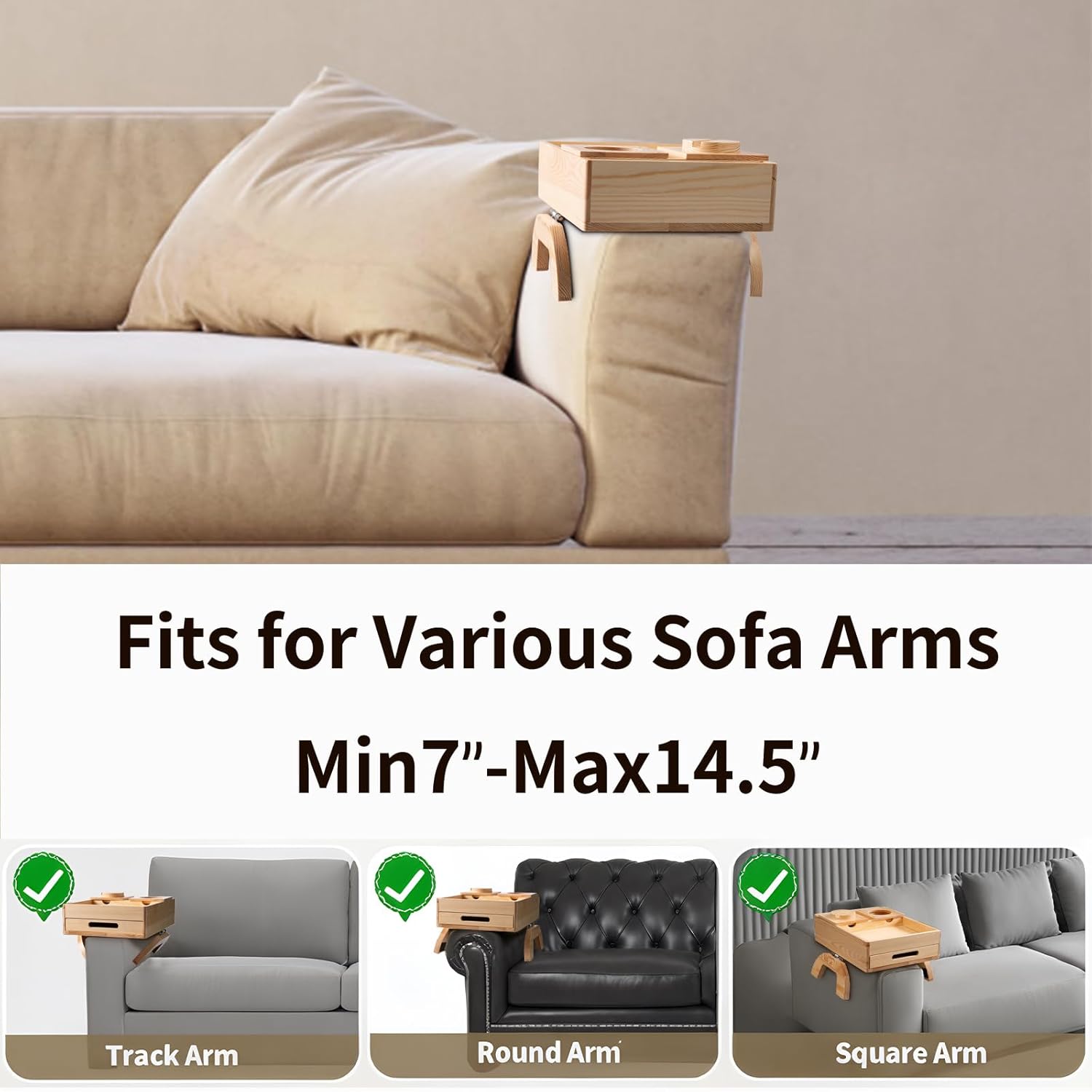 Couch armrest table fitting 7 to 14.5 inch sofa arms