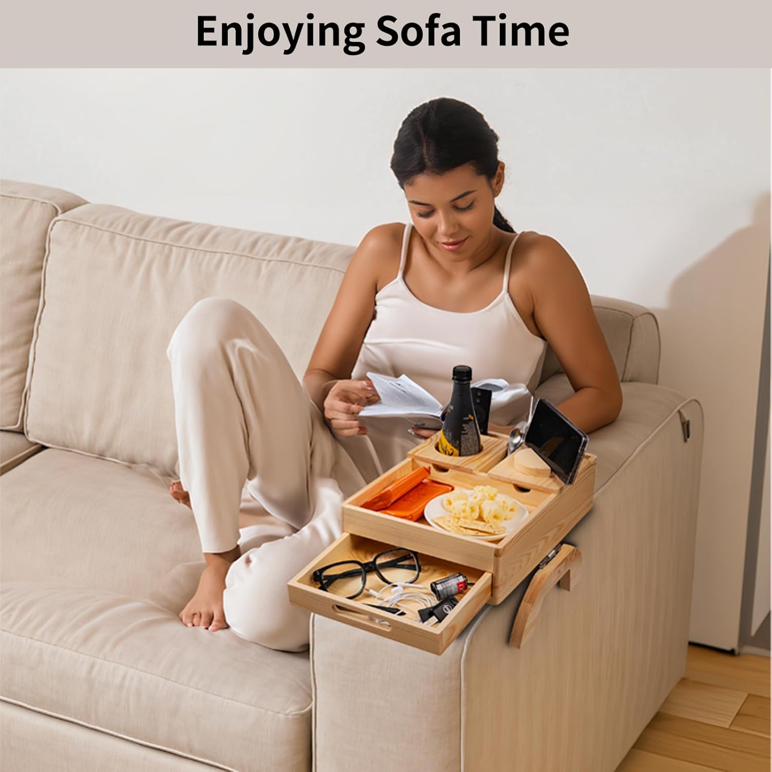 Sofa armrest table with drawer used for snacks and phone