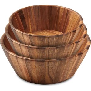 Three-piece acacia wooden salad bowl set in nesting sizes