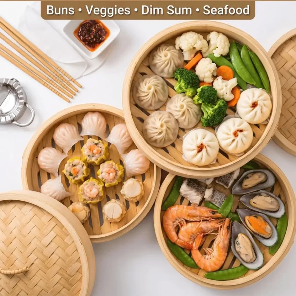 Bambusdämpfer für Teigtaschen und Dim Sum