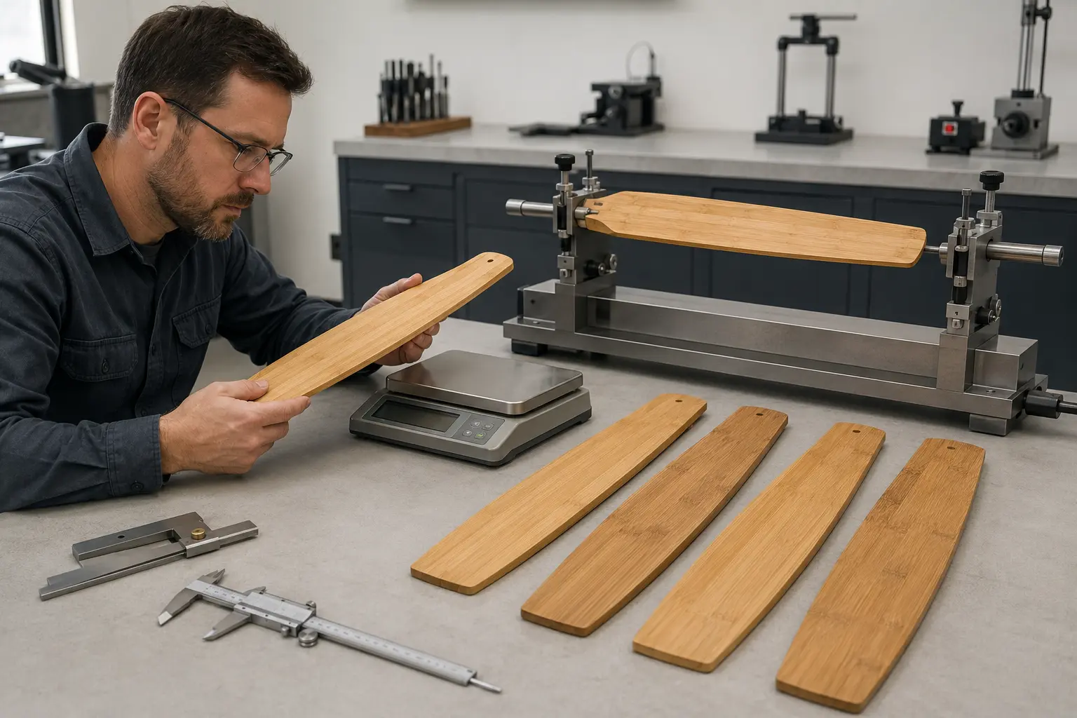 Tecnico che confronta massa, geometria ed equilibrio di prototipi di pale in bambù massello non abbinate