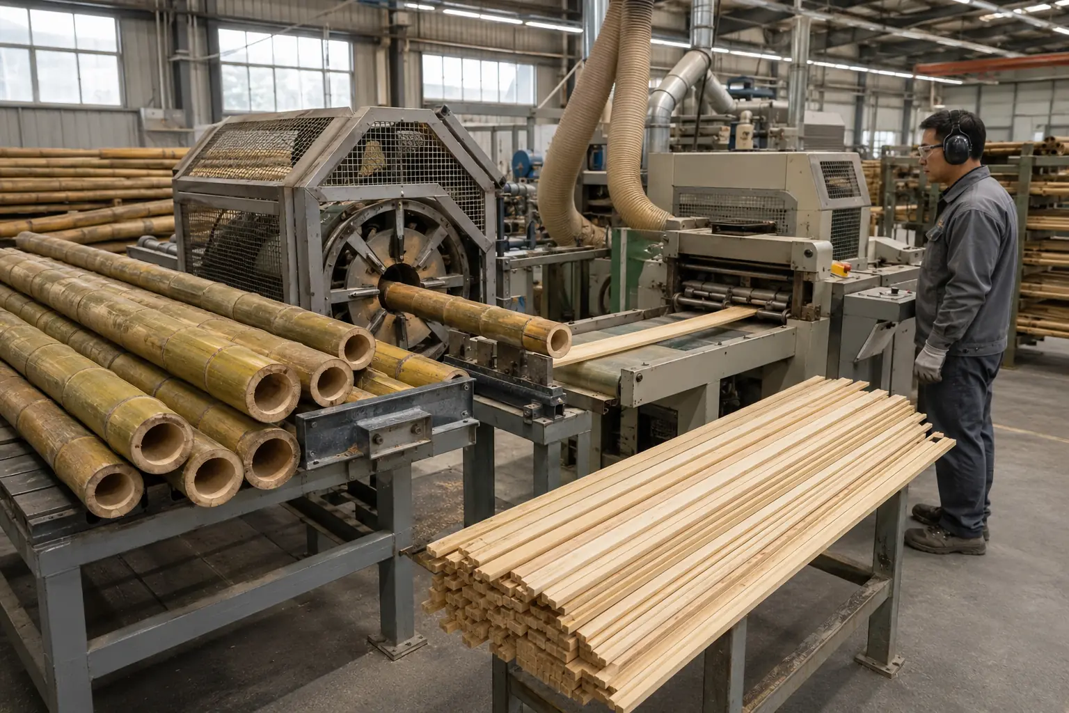 Spalten von Bambushalmen und Streifenvorbereitung in einer Bodenfabrik