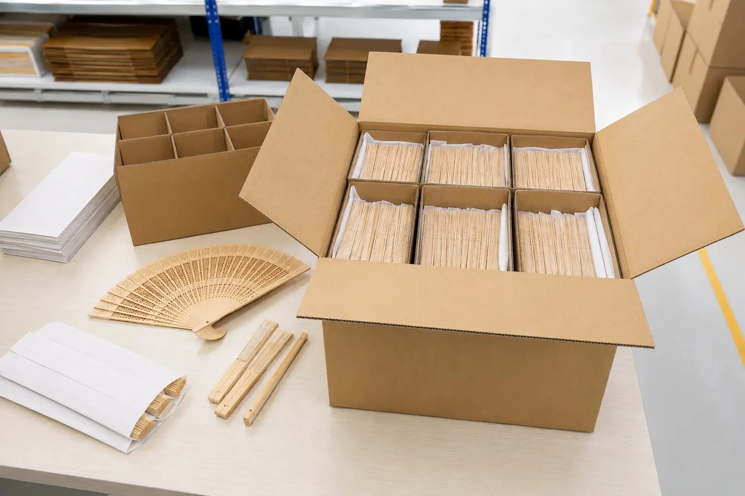 Bambusfächer in Einzelhüllen und Geschenkboxen für Veranstaltungen und Einzelhandel