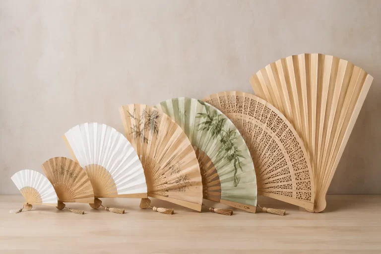 Geöffnete Bambusfaltfächer mit Papier- und Stoffblättern auf einem Designtisch
