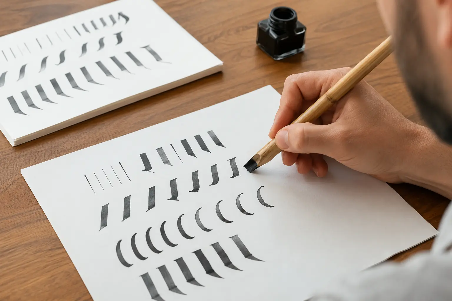 Calígrafo pratica traços largos e finos com cálamo em papel branco