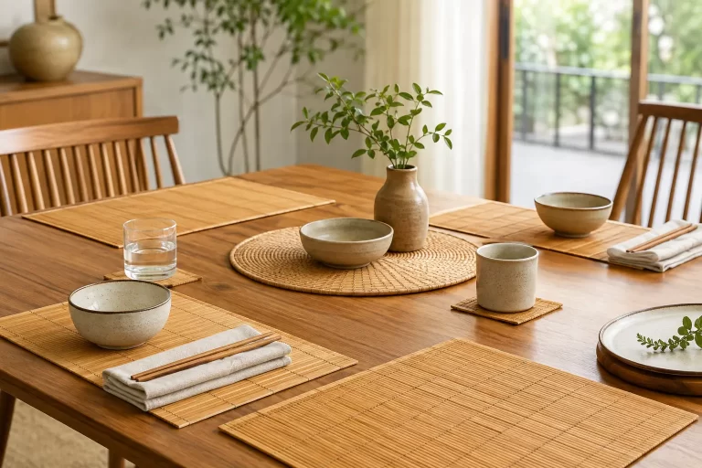 Naturfarbene Bambus-Tischsets auf einem Esstisch aus Holz