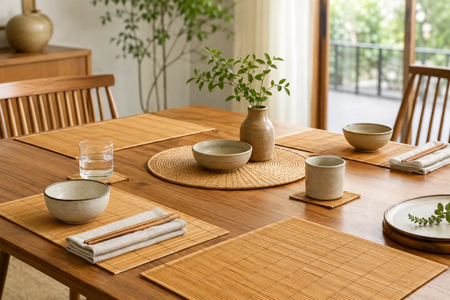 Naturfarbene Bambus-Tischsets auf einem Esstisch aus Holz