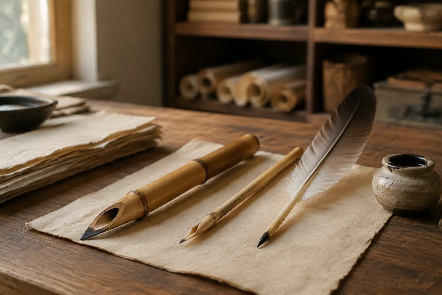 Qalam en bambou, calame fin en roseau et plume d’oiseau disposés séparément sur du papier artisanal