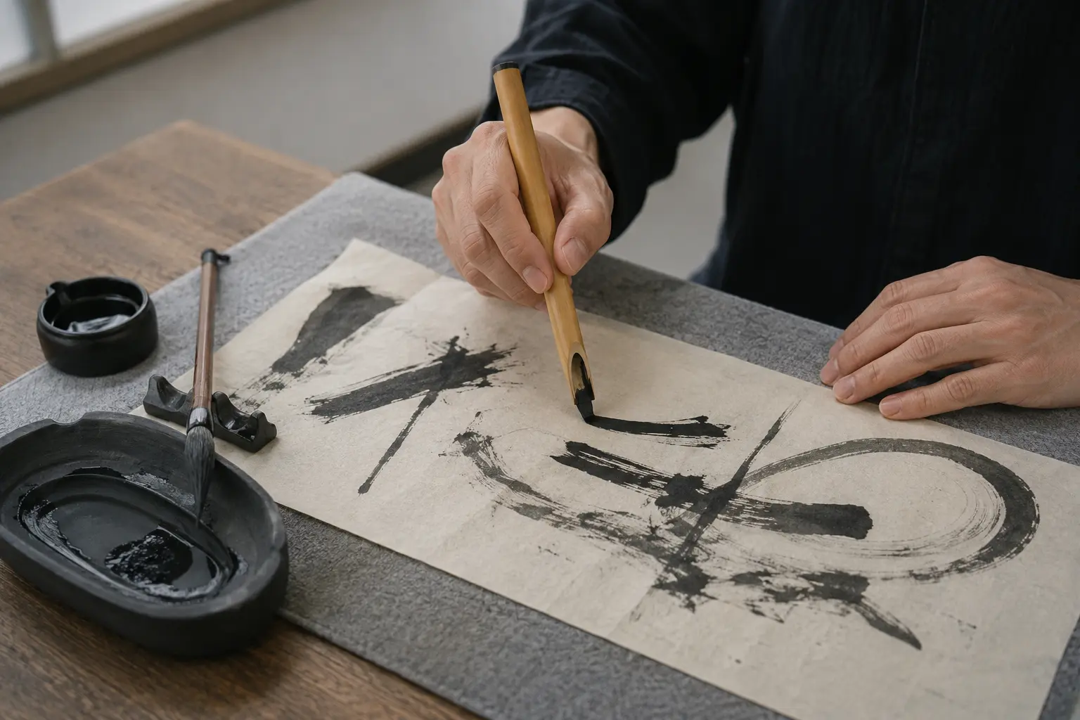 Expérience de calligraphie contemporaine avec une pointe en bambou, des traits abstraits, une pierre à encre et un pinceau traditionnel