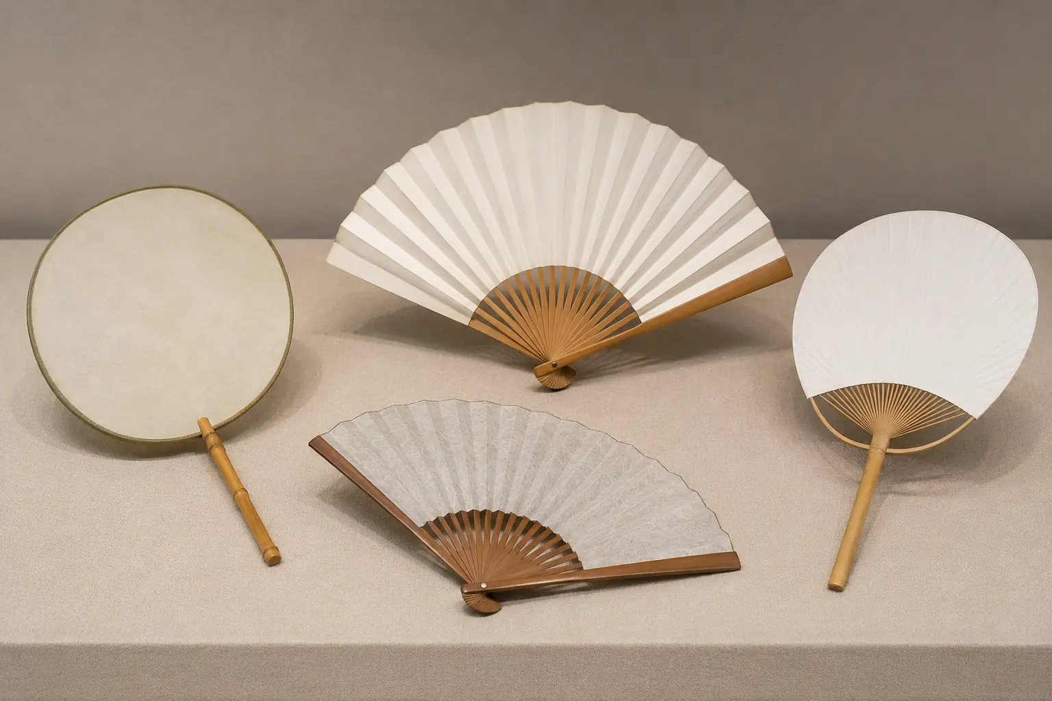 Leques chineses redondos e dobráveis ao lado de sensu e uchiwa japoneses