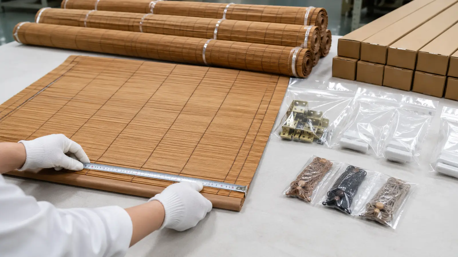 Qualitätskontrolle und Zubehörverpackung für maßgefertigte Bambusrollos in der Fabrik