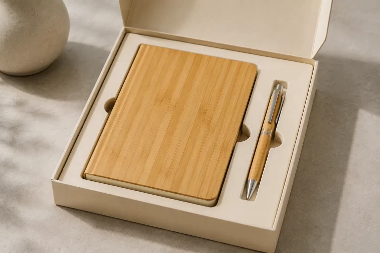Individuelles Bambusnotizbuch- und Stift-Set in einer schlichten Präsentationsbox als Firmengeschenk