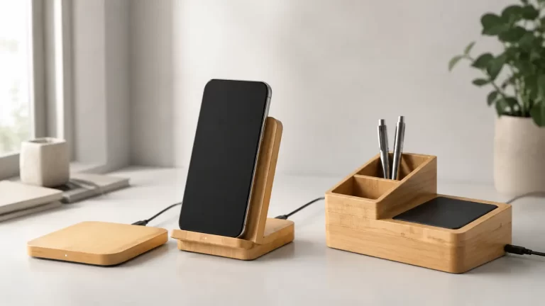 Abbildung zum Thema: Bambus-Ladegeräte im Großhandel: Ladepads, Smartphone-Ständer und Organizer