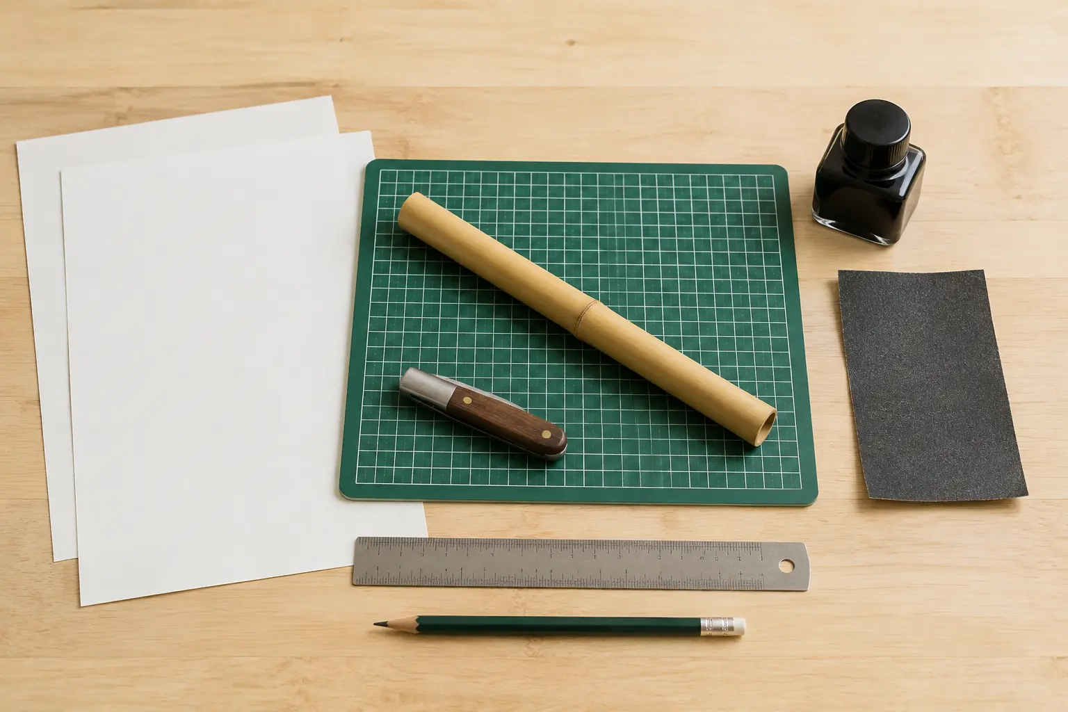 Bambu seco, faca, escova, lixa, régua e tinta para preparar um cálamo