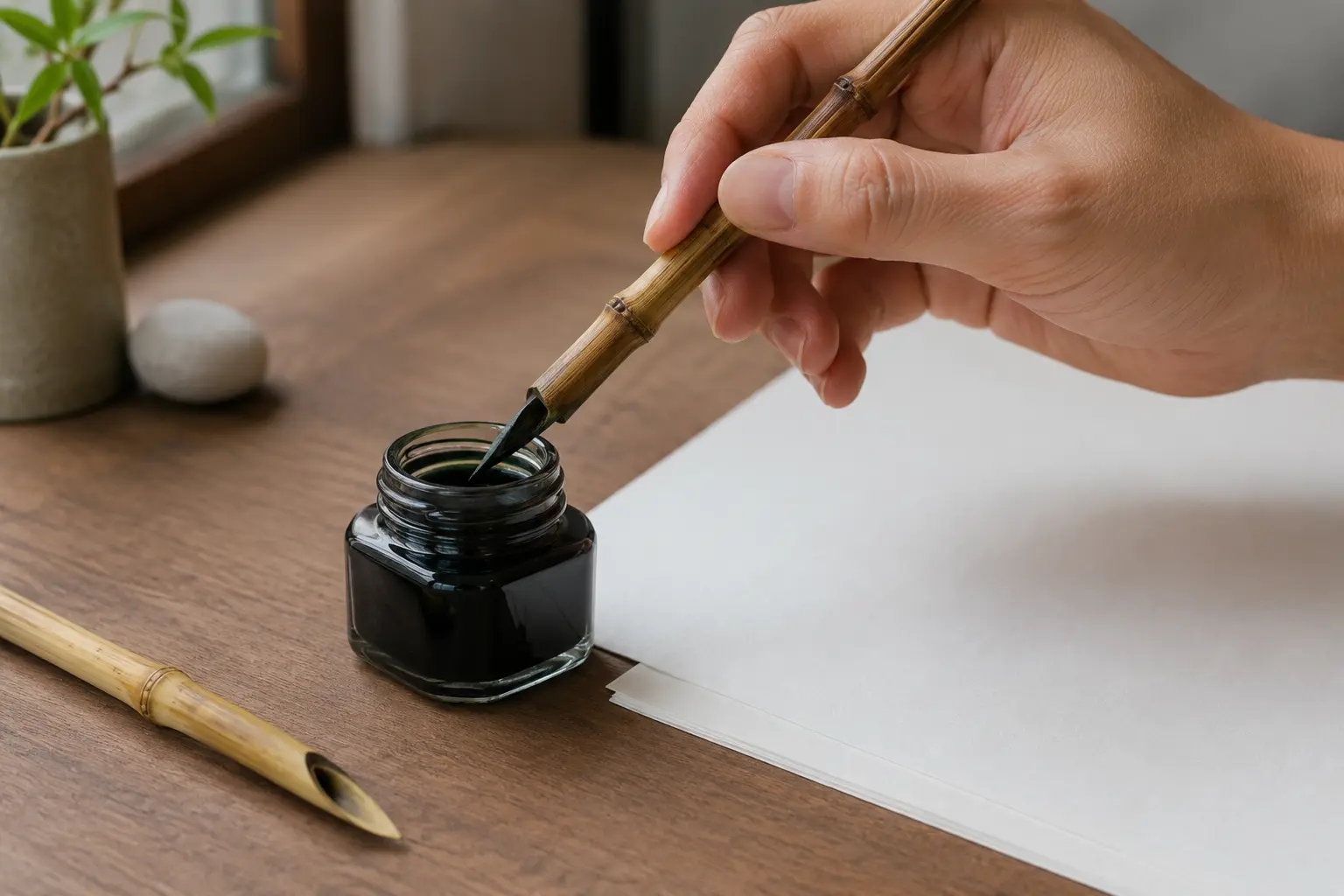Mergulho raso de ponta de bambu em tinta preta junto de papel de prática