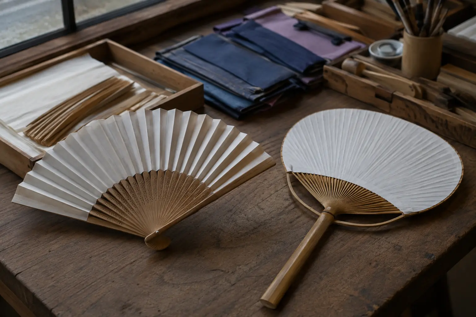Sensu dobrável e uchiwa rígido japoneses com estruturas de bambu