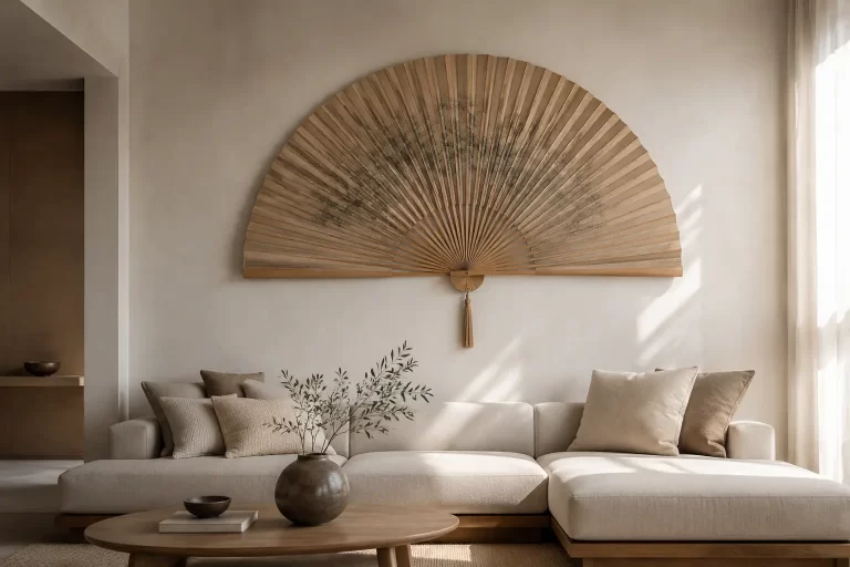 Großer Bambusfächer als Wanddekoration mittig über einem neutralen Sofa in einem modernen Wohnzimmer