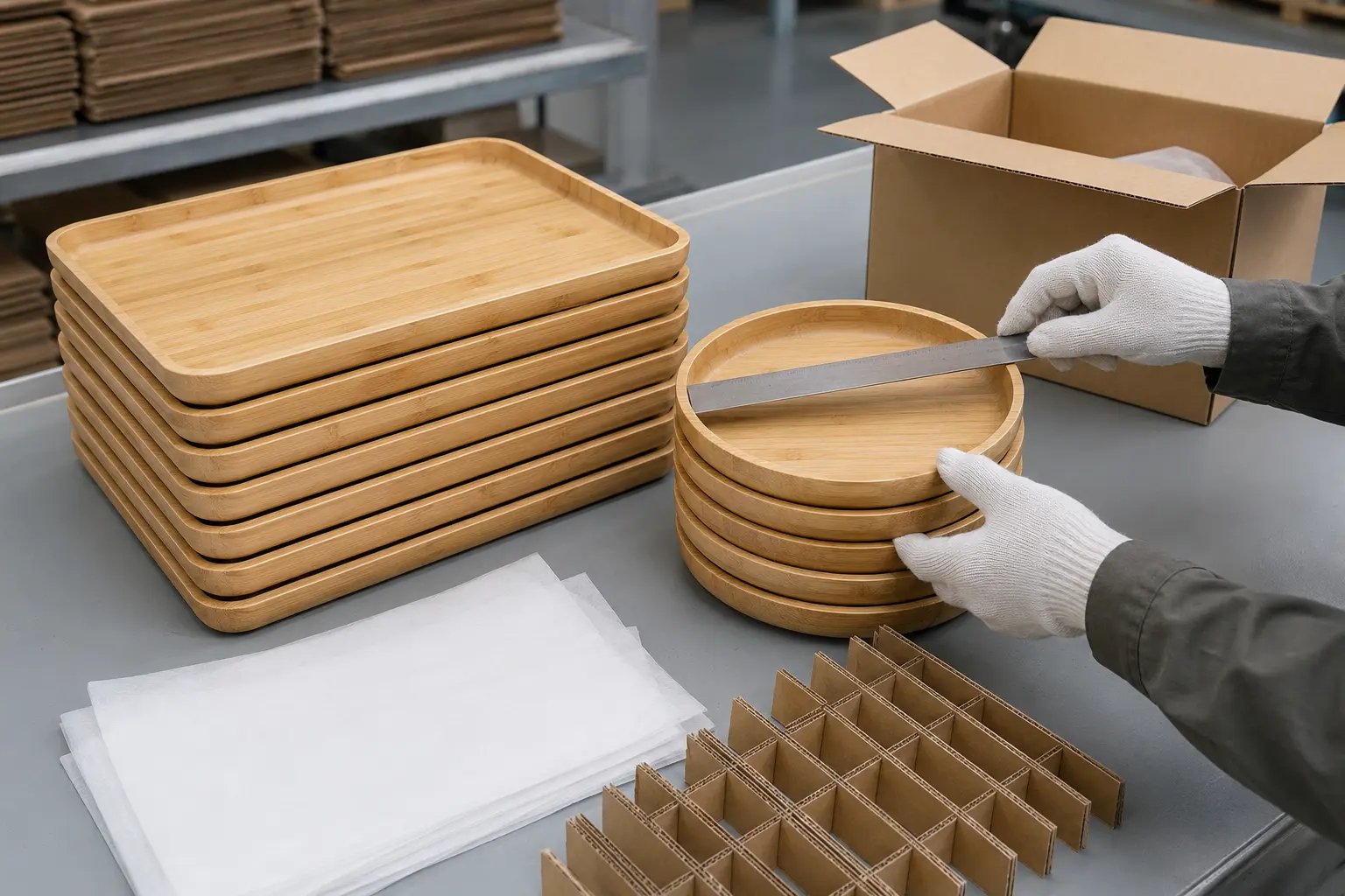 Große und kleine Bambustabletts werden auf Stapelung und Schutzverpackung geprüft