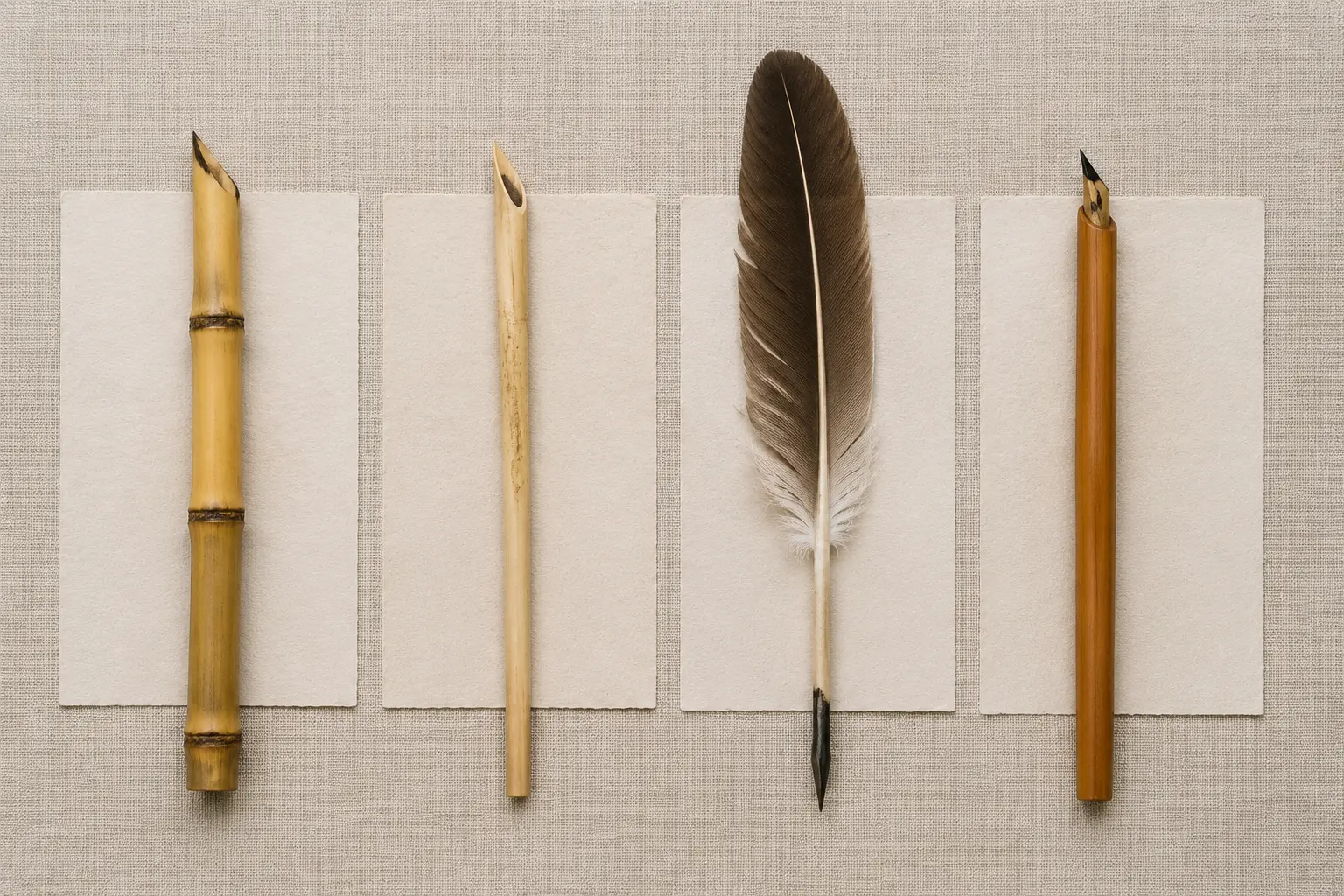 Comparaison vue de dessus d’une plume en bambou, d’un calame, d’une plume d’oiseau et d’un porte-plume à manche en bambou