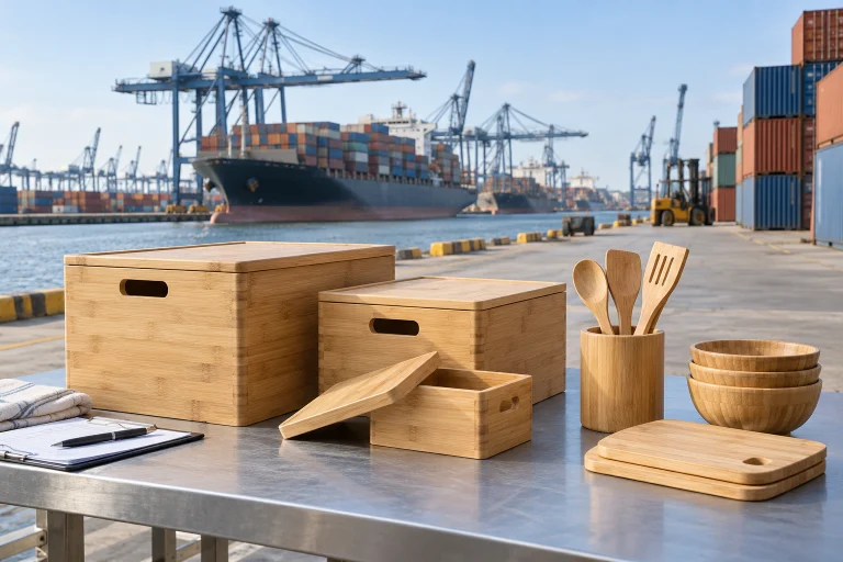 Bamboo storage boxes and wooden kitchenware at a shipping port, illustrating US-China trade