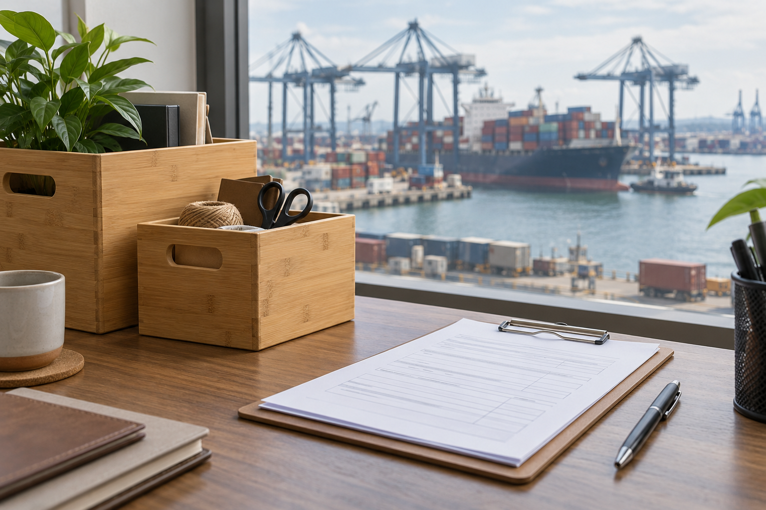 Bamboe opbergdozen en invoerpapieren bij een containerhaven
