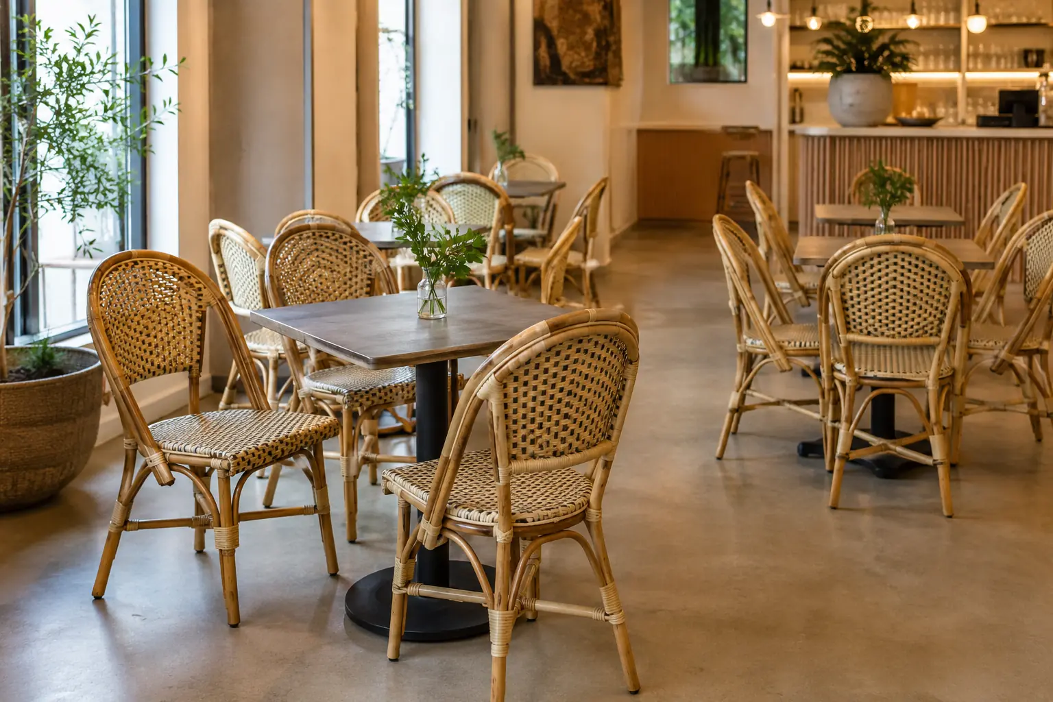 Praktisk placering af bambusstole i et café- og restaurantlokale
