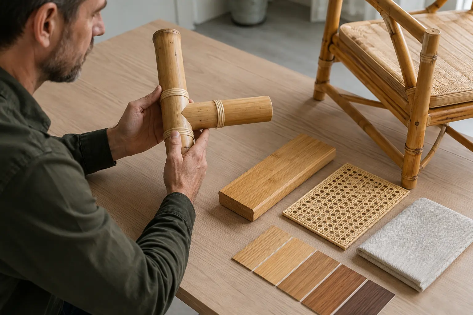 Sammenligning af materialer i bambusstoles ramme, flet, pude og finish