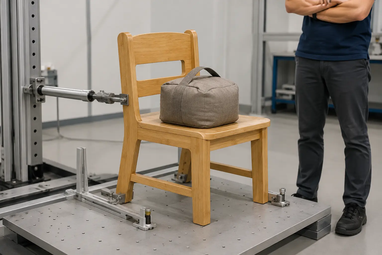 Prototipo di sedia infantile in bambù durante valutazione controllata di stabilità e carico