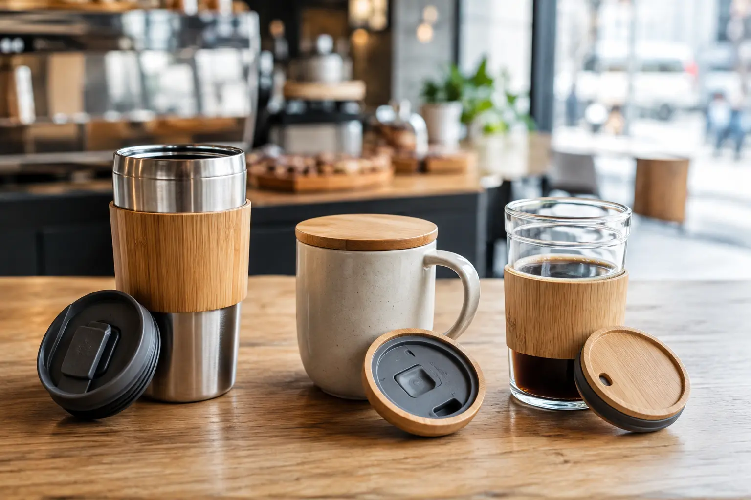 Auswahl von Bambus-Kaffeebechern und Thermobechern mit unterschiedlichen Deckeln