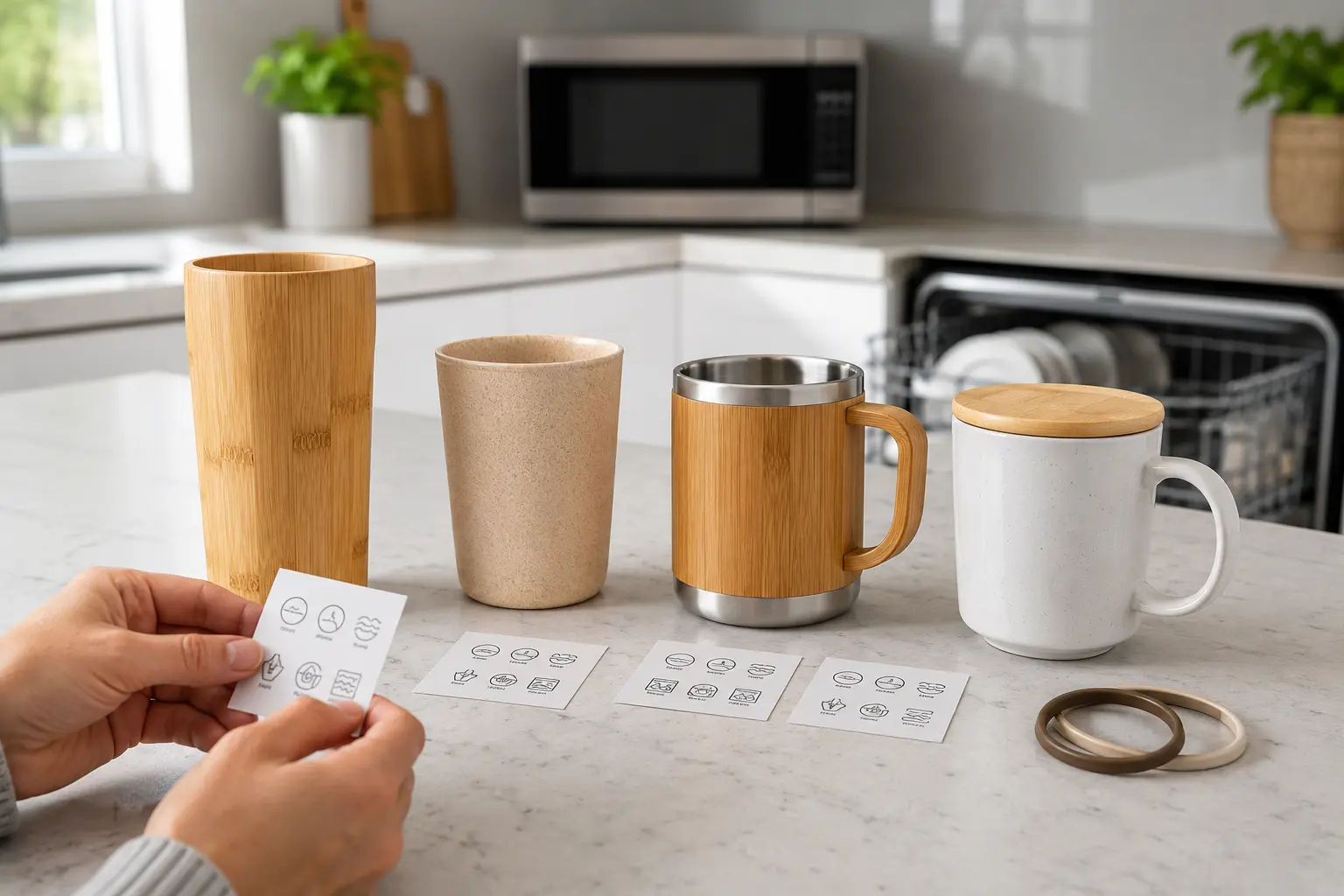 Tazza naturale, laminata, termica in acciaio e ceramica con coperchio di bambù