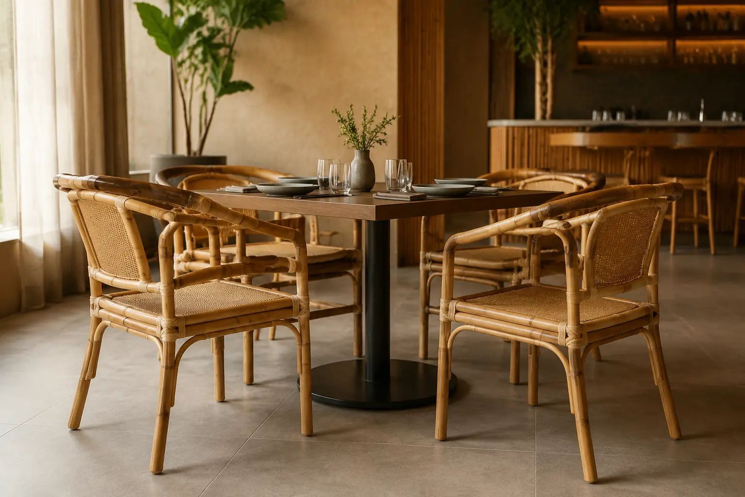 Moderne spisestole af bambus omkring et bord i en nutidig restaurant