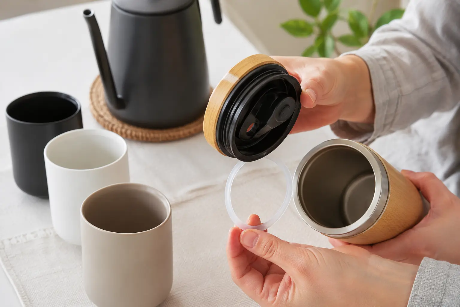 Verifica di coperchio, sigillo e progetto per bevande calde di una tazza con bambù