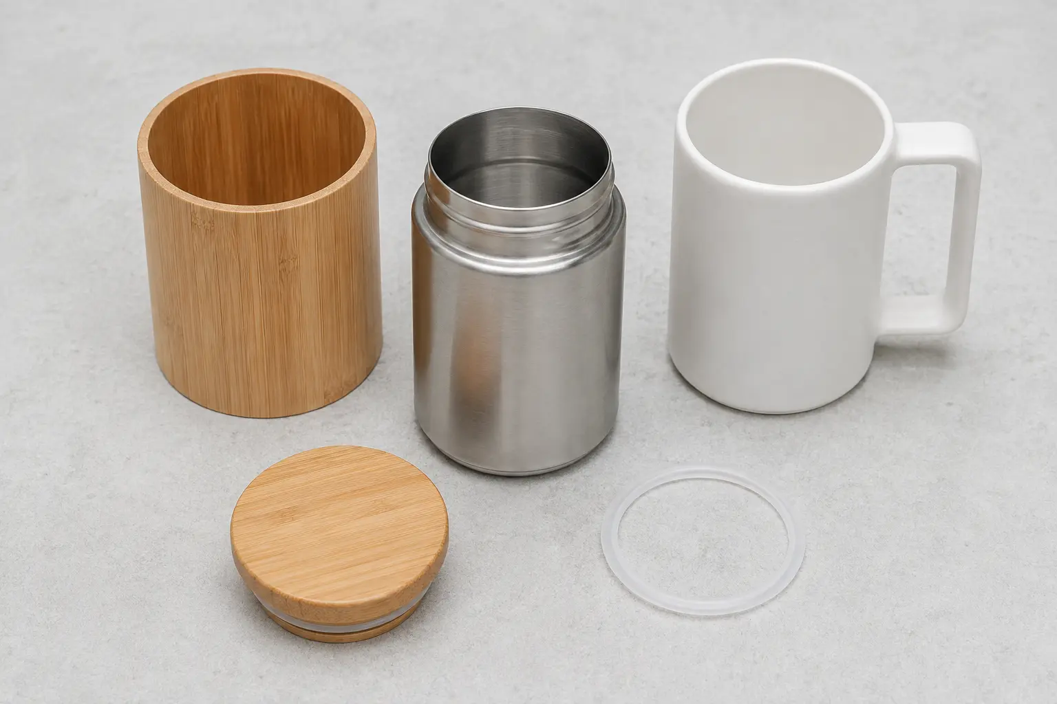 Materialien eines Bambus-Thermobechers mit Komponenten aus Bambus, Edelstahl, Keramik und Silikon