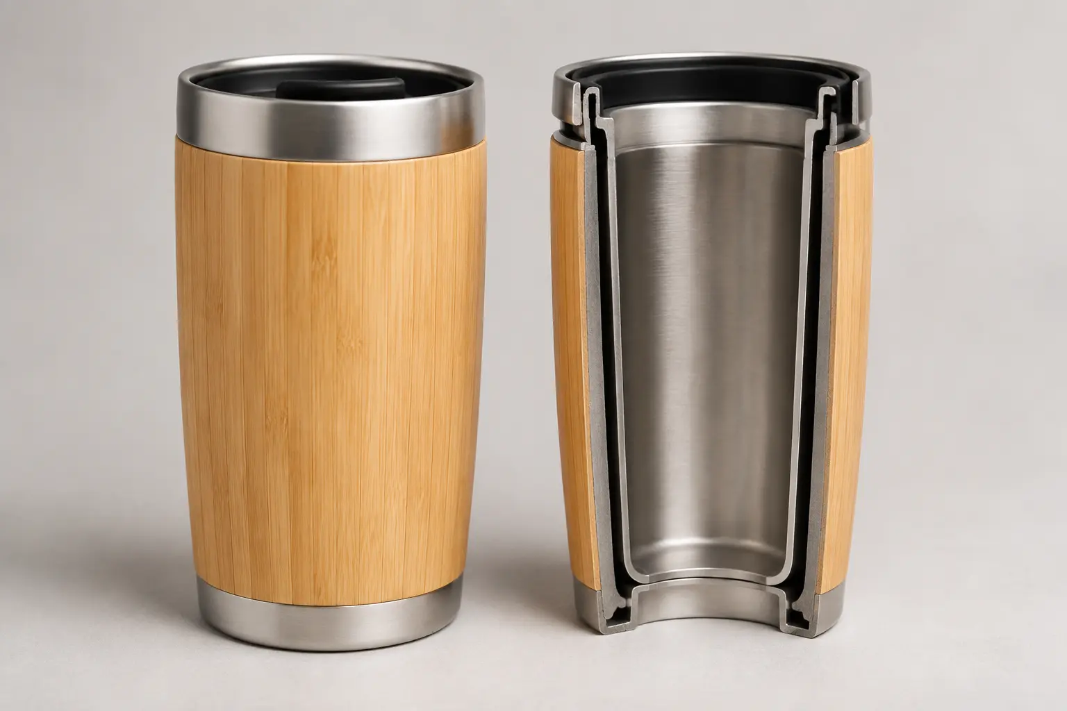 Doppelwandiger Edelstahl-Thermobecher mit natürlicher Bambusaußenseite