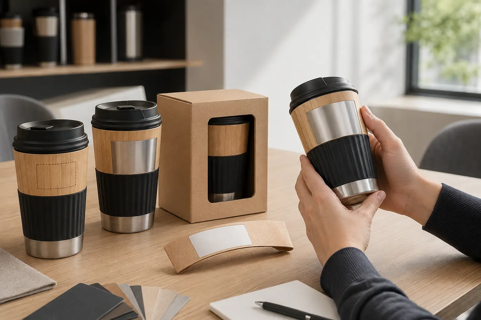 Individuelle Bambus-Kaffeebechermuster mit freien Flächen zur Personalisierung