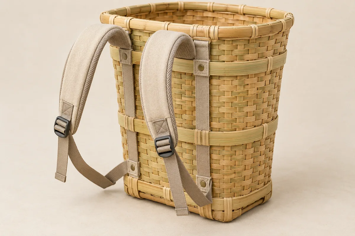 Rear view of a woven bamboo carrying basket with padded shoulder straps and visible attachment points