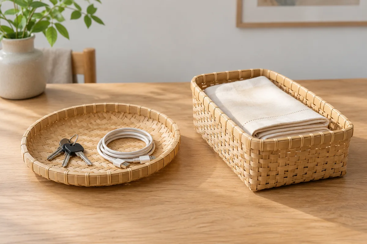 Plateau peu profond en bambou avec des clés et un câble à côté d’un panier plus profond contenant du linge de table plié