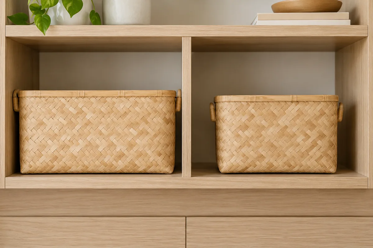 Two bamboo baskets in separate shelf compartments, one with handles close to the sides and one with more clearance