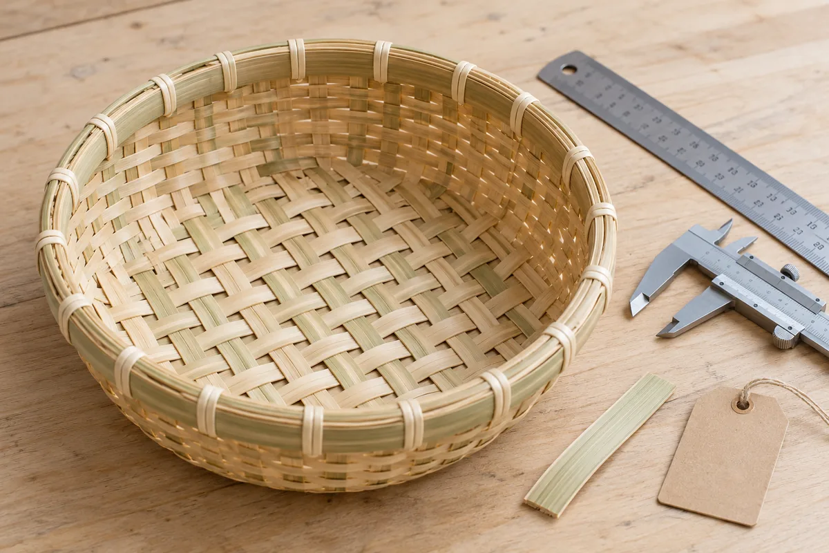 Close view of a bamboo basket sample showing its weave and wrapped rim beside a ruler and caliper