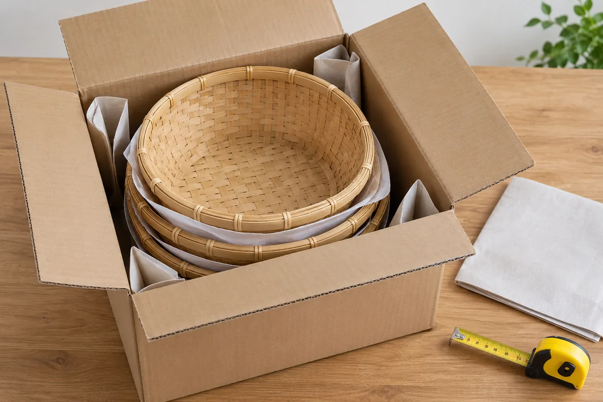 Nested bamboo baskets separated by paper inside an open shipping carton with a tape measure nearby