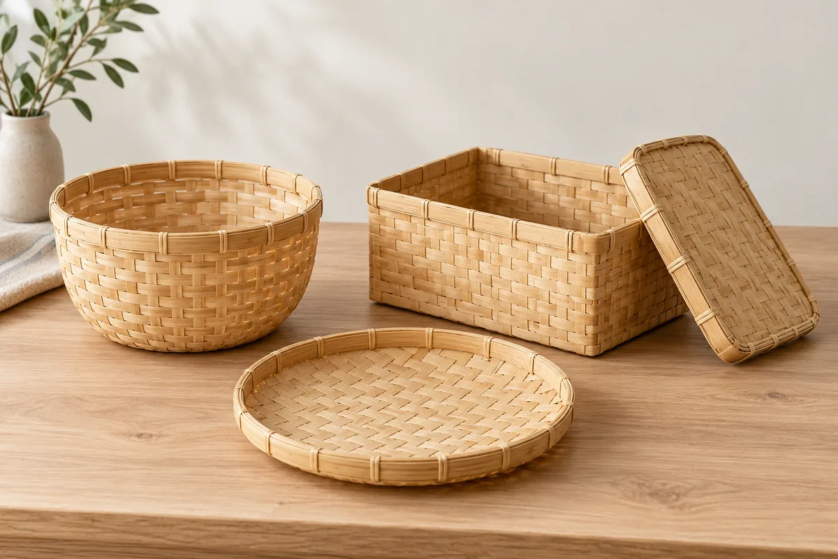 Paniers tressés en bambou ronds, rectangulaires avec couvercle et peu profonds sur une table en bois