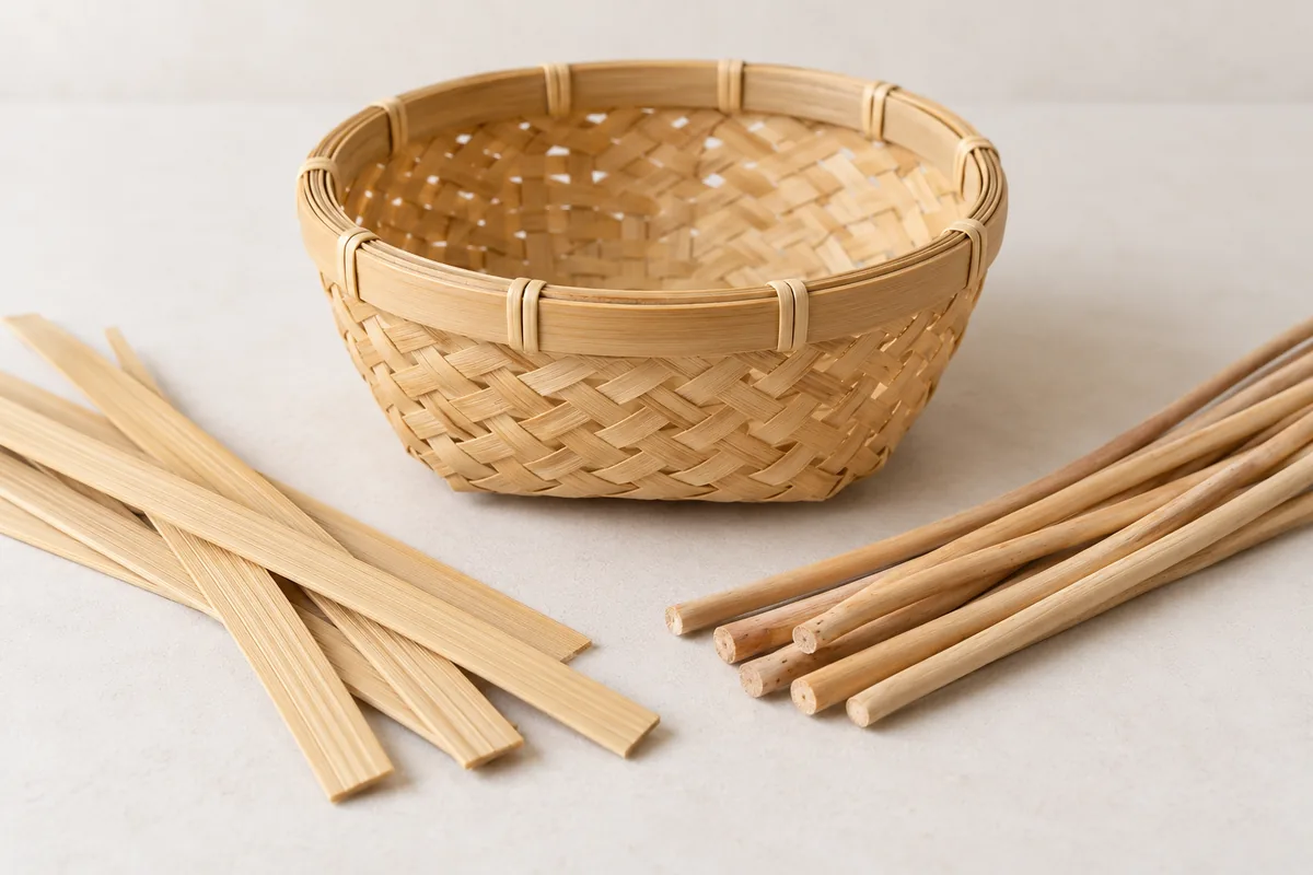 Cesto intrecciato in bambù con strisce piatte sfuse e campioni separati di canna di rattan rotonda