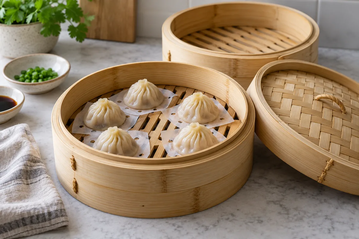 Round bamboo steamer holding dumplings on parchment, with a separate empty tier and woven lid