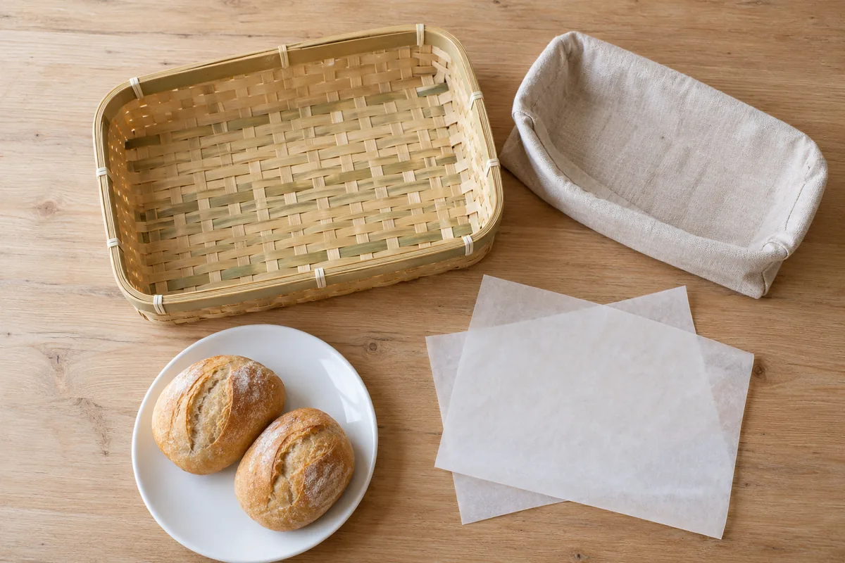 Plateau de service peu profond en bambou, doublure amovible en lin, assiette unie en céramique et papier cuisson disposés séparément