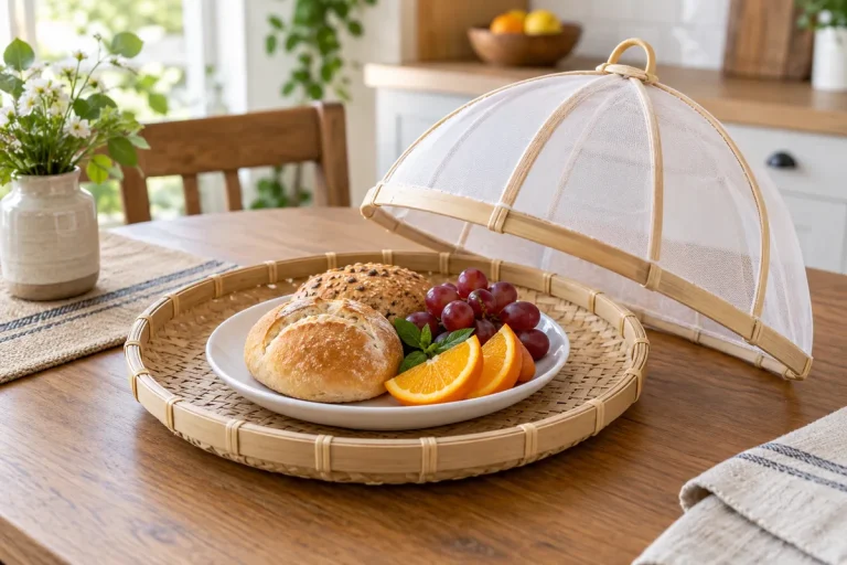bamboo food basket with mesh cover
