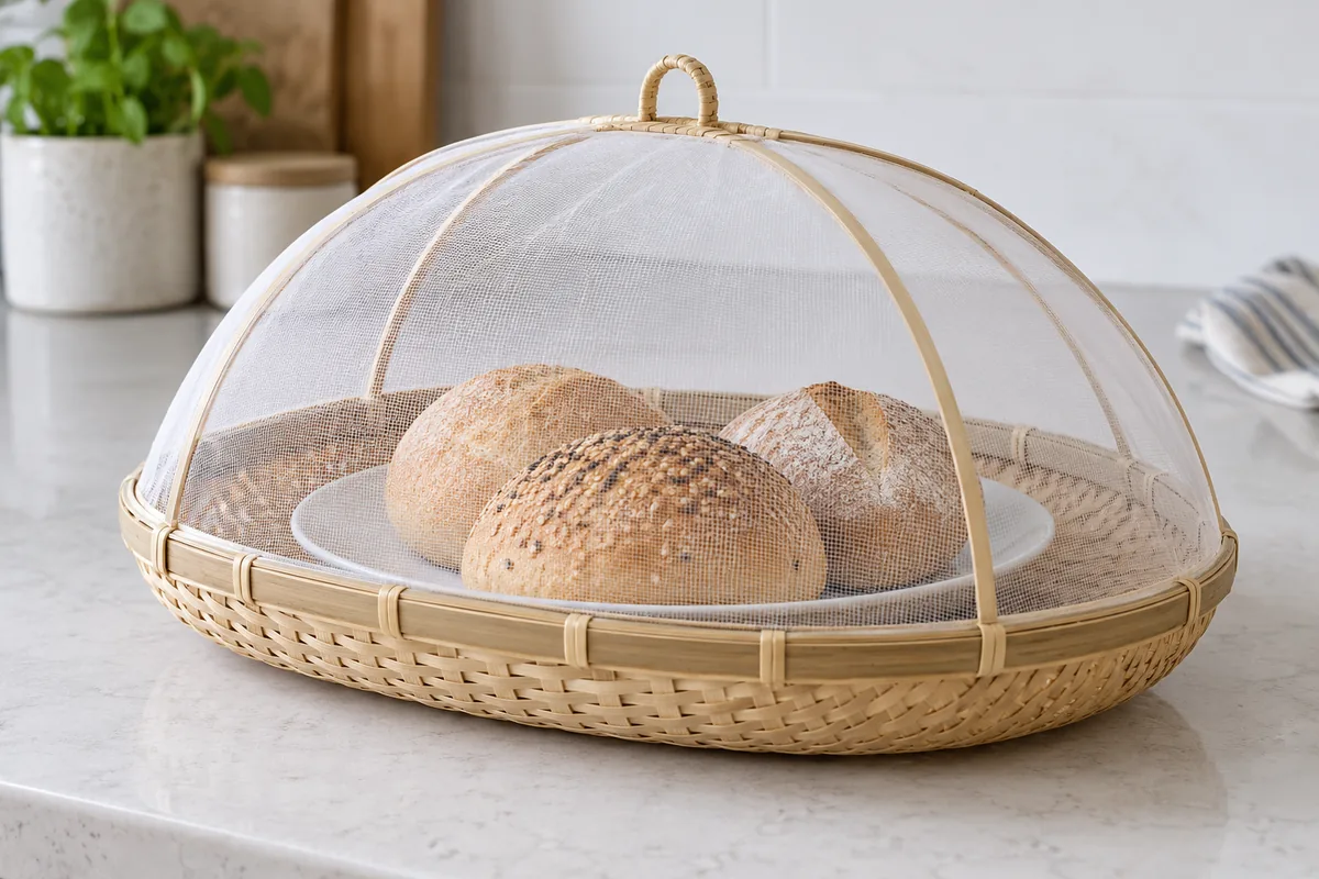 Vue latérale basse d’une cloche alimentaire grillagée couvrant une assiette de petits pains sur un plateau tressé en bambou, avec un espace visible au-dessus