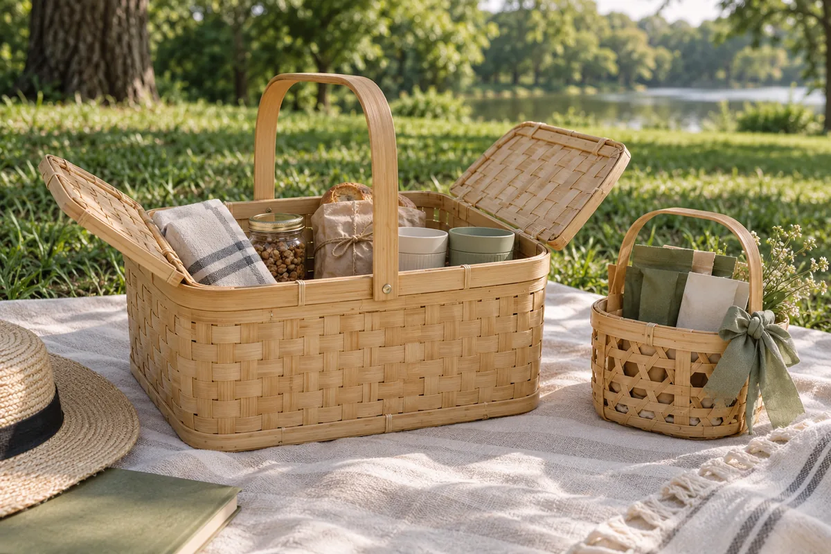 Bamboo picnic basket with open lid flaps and a small gift basket on a picnic blanket